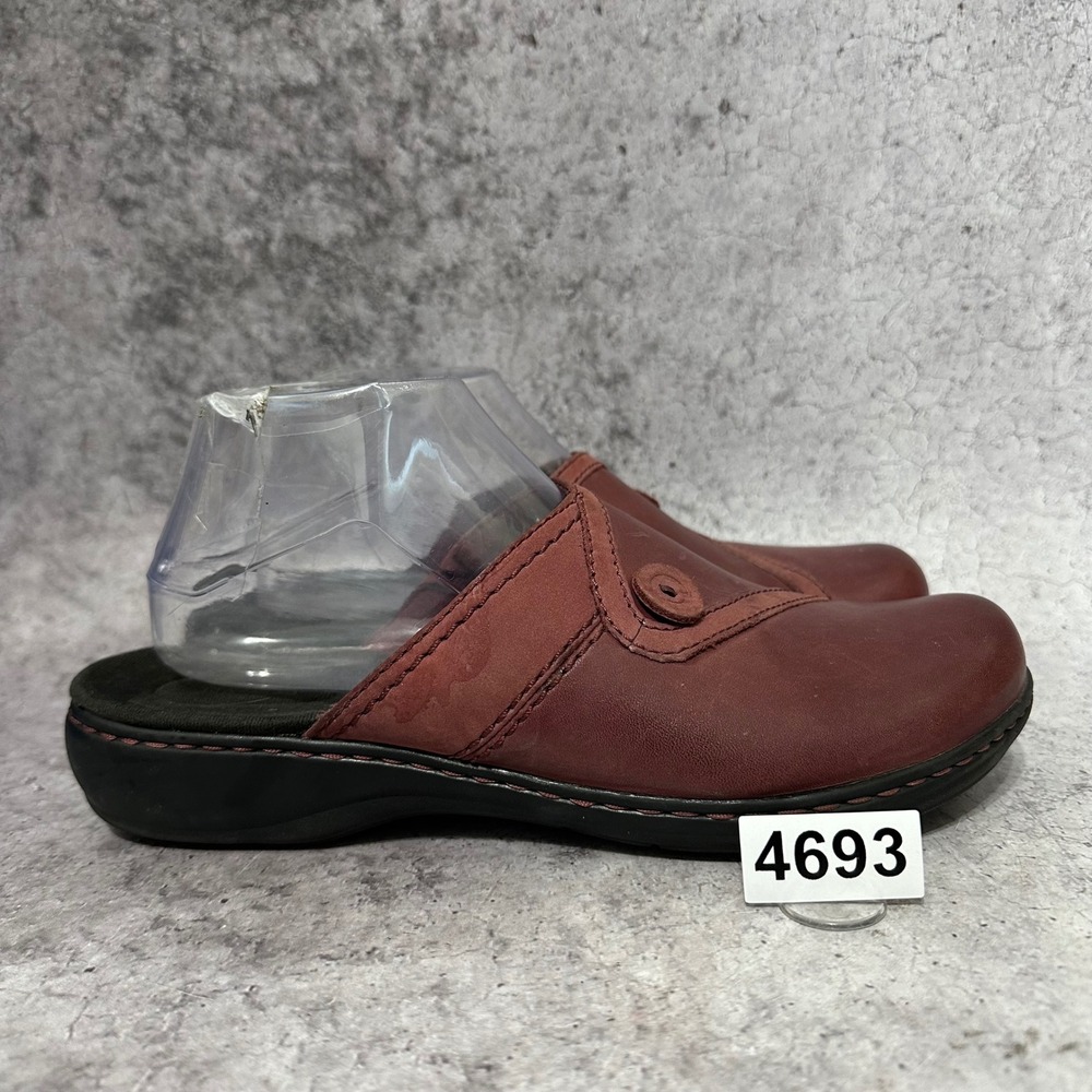 Clarks Mules Women 10 Burgundy Red Leather Clogs 67699 Slip On Comfort